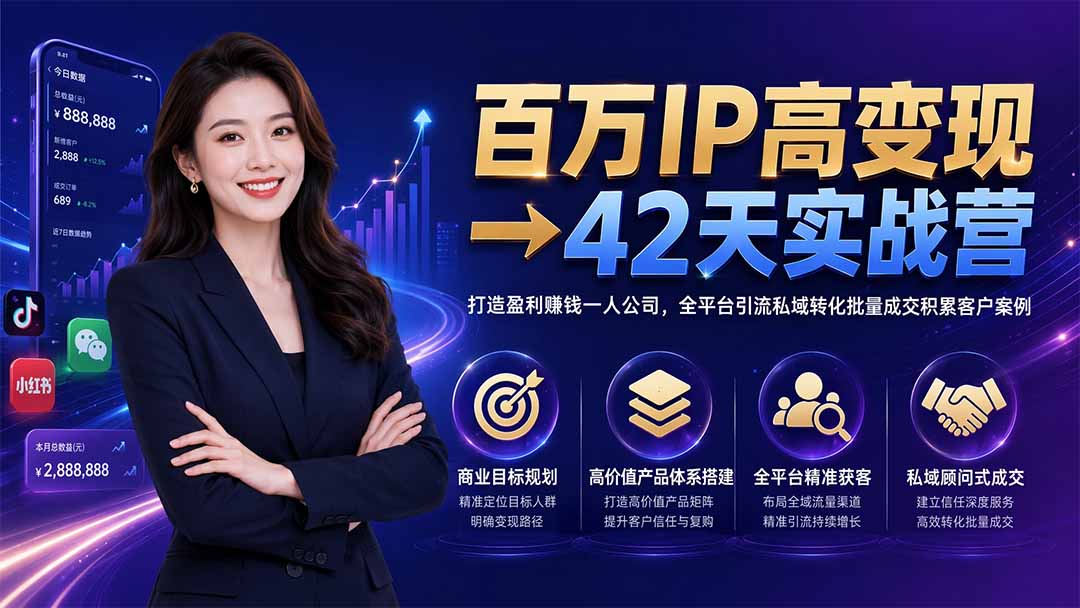 百万IP高变现→42天实战营｜打造盈利赚钱一人公司，全平台引流私域转化批量成交积累客户案例-旺仔资源库