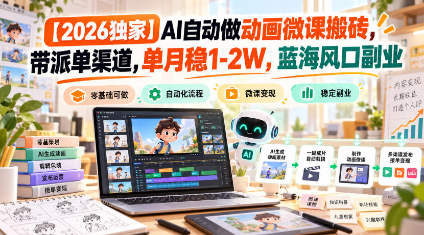 【2026独家】AI自动做动画微课搬砖,带派单渠道,单月稳1-2W,蓝海风口副业【揭秘】-旺仔资源库