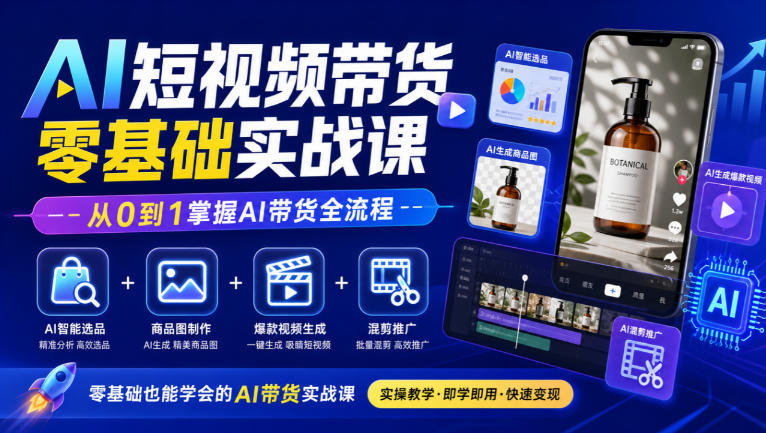 AI短视频带货零基础实战课|AI智能选品+商品图制作+爆款视频生成+混剪推广,从0到1掌握AI带货全流程-旺仔资源库