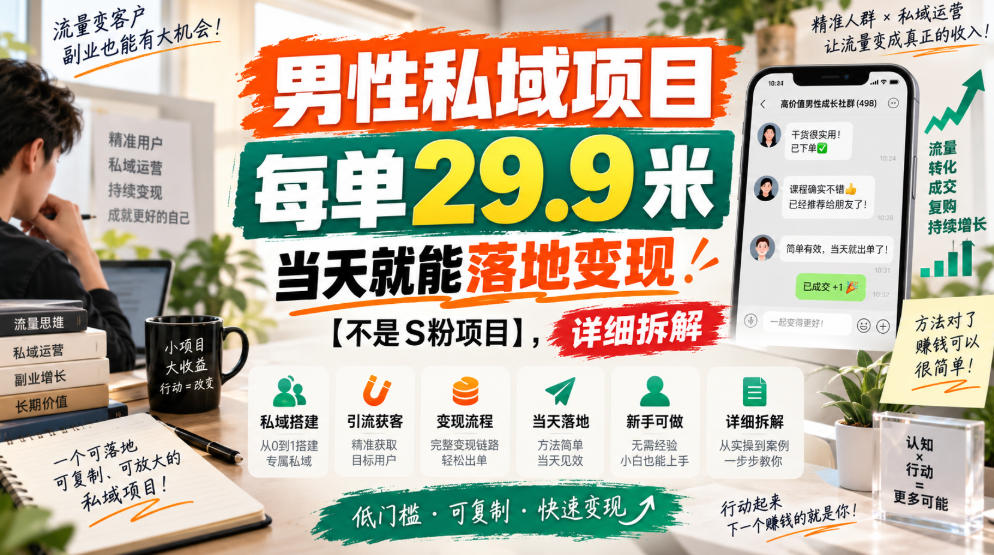 男性私域项目,每单29.9米,当天就能落地变现【不是S粉项目】,详细拆解-旺仔资源库