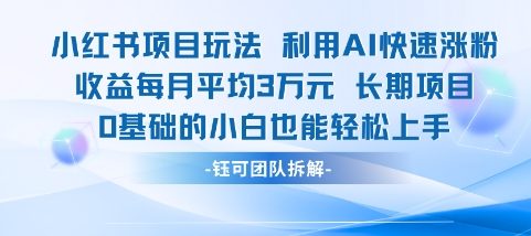 适合小白操作的小红书新项目，利用AI快速涨粉，收益每月平均1W+-旺仔资源库