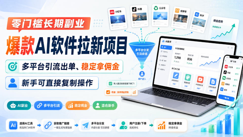 零门槛长期副业，爆款AI软件拉新项目，多平台引流出单、稳定拿佣金，新手可直接复制操作-旺仔资源库