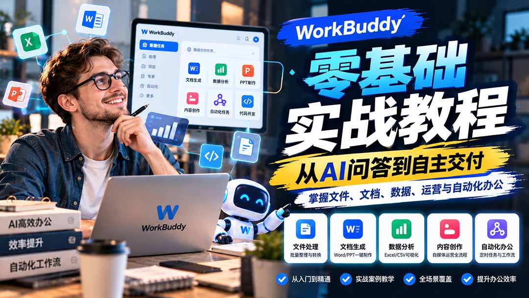 WorkBuddy零基础实战教程:从AI问答到自主交付,掌握文件、文档、数据、运营与自动化办公-旺仔资源库