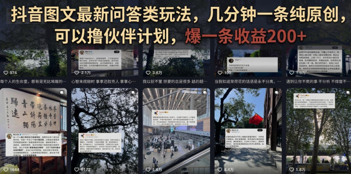 抖音图文最新问答类玩法，几分钟一条纯原创，可以撸伙伴计划，爆一条收益200+-旺仔资源库