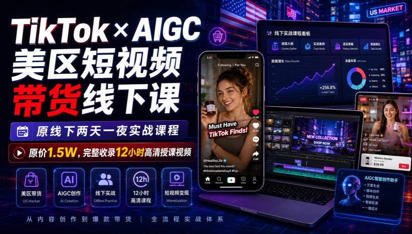 TikTok×AIGC美区短视频带货线下课，原线下两天一夜实战课程，原价1.5W，完整收录12小时高清授课视频-旺仔资源库