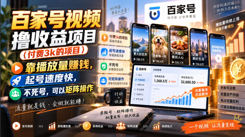 百家号视频撸收益项目(付费3k的项目)，靠播放量賺钱，起号速度快，不死号，可以矩阵操作-旺仔资源库