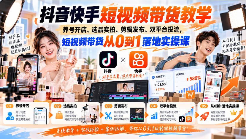 抖音快手短视频带货教学｜养号开店、选品实拍、剪辑发布、双平台投流，短视频带货从0到1落地实操课-旺仔资源库