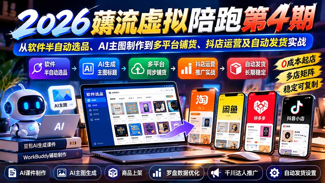 2026薅流虚拟陪跑第4期:从软件半自动选品、AI主图制作到多平台铺货、抖店运营及自动发货实战-旺仔资源库