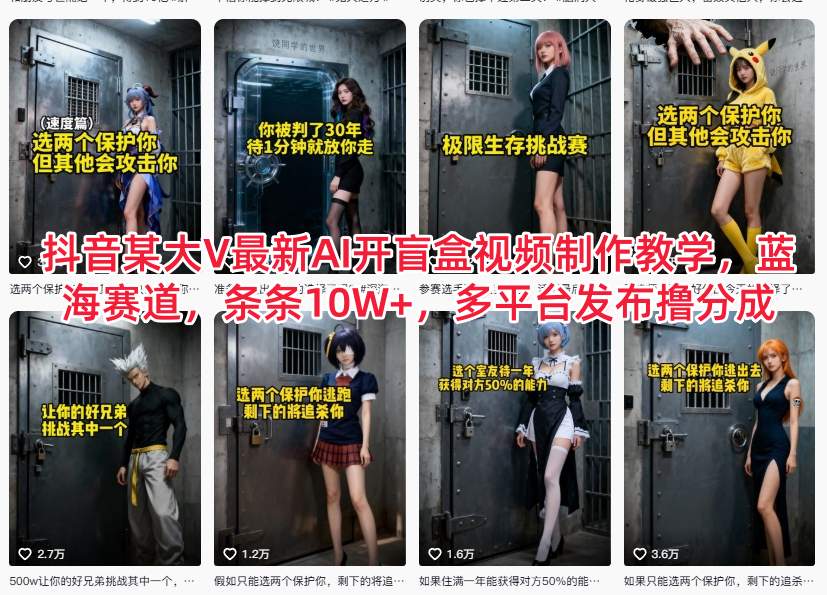 抖音某大V最新AI开盲盒视频制作教学，蓝海赛道，条条10W+，多平台发布撸分成-旺仔资源库