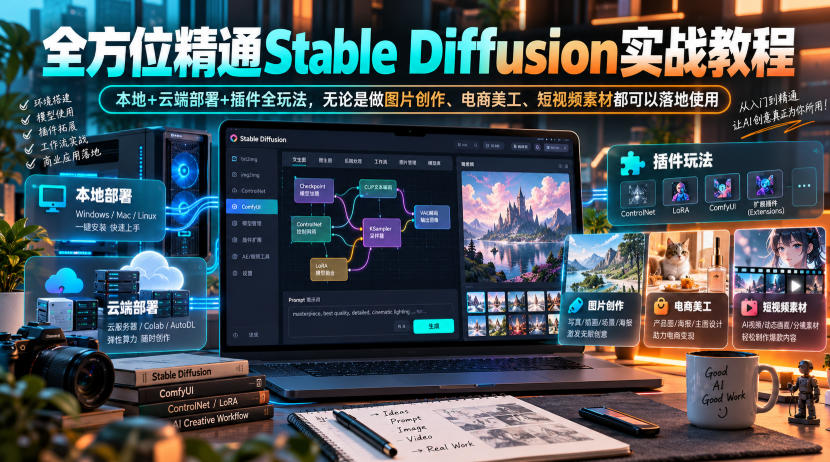 全方位精通Stable Diffusion实战教程｜本地+云端部署+插件全玩法，无论是做图片创作、电商美工、短视频素材都可以落地使用-旺仔资源库