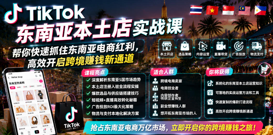 TikTok东南亚本土店实战课，帮你快速抓住东南亚电商红利，高效开启跨境賺钱新通道-旺仔资源库