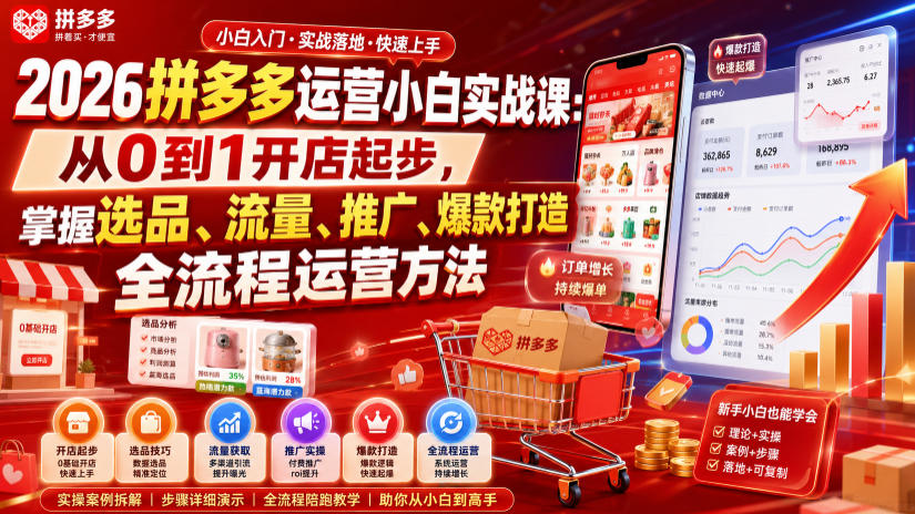 2026拼多多运营小白实战课：从0到1开店起步，掌握选品、流量、推广、爆款打造全流程运营方法-旺仔资源库