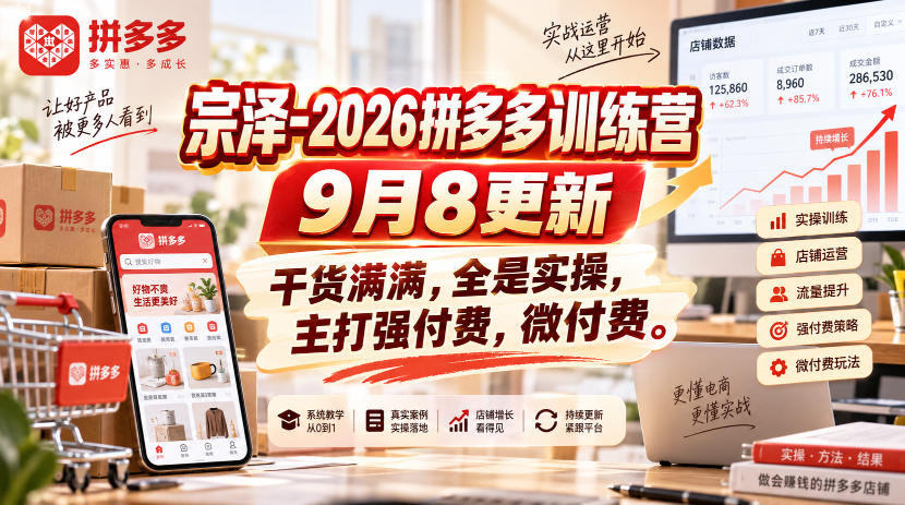 宗泽-2026拼多多训练营9月8更新,干货满满,全是实操,主打强付费,微付费-旺仔资源库