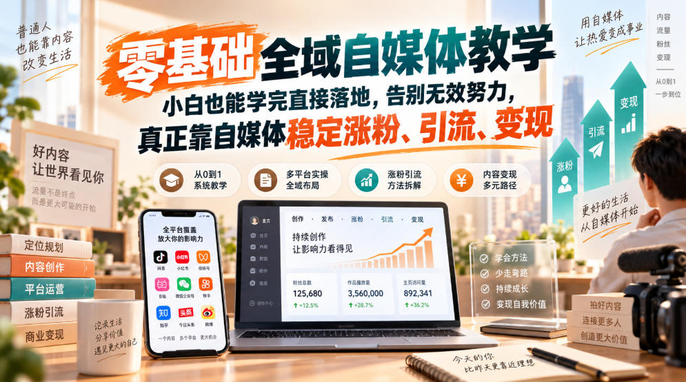 零基础全域自媒体教学，小白也能学完直接落地，告别无效努力，真正靠自媒体稳定涨粉、引流、变现-旺仔资源库