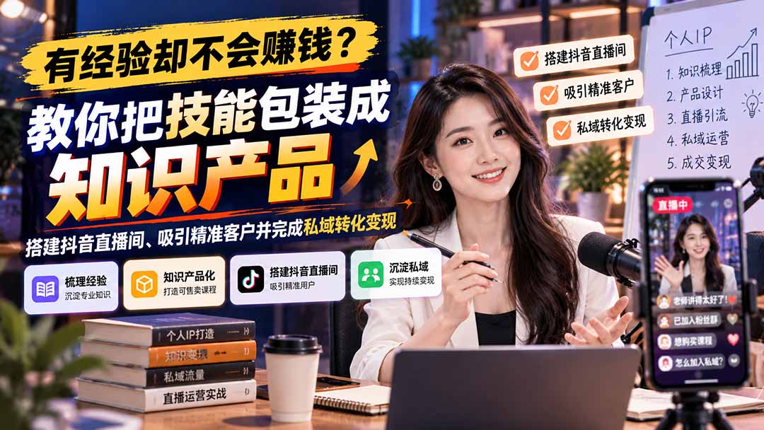 有经验却不会赚钱?教你把技能包装成知识产品,搭建抖音直播间、吸引精准客户并完成私域转化变现-旺仔资源库