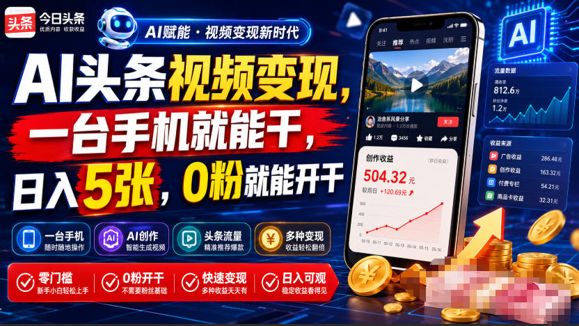AI头条视频变现，一台手机就能干，日入5张，0粉就能开干-旺仔资源库