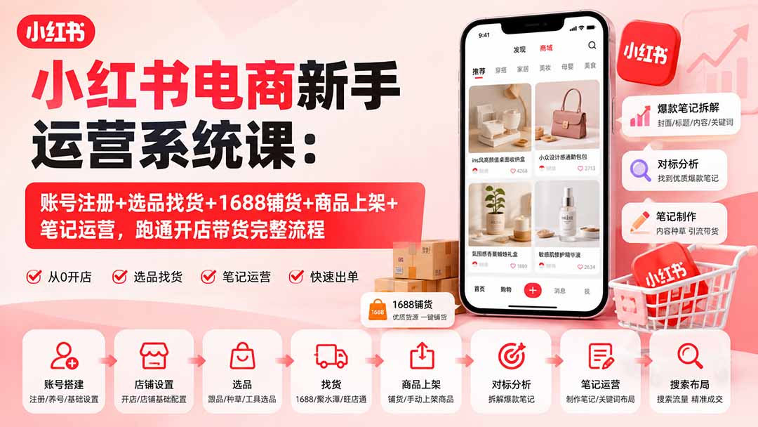 小红书电商新手运营系统课：账号注册+选品找货+1688铺货+商品上架+笔记运营，跑通开店带货完整流程-旺仔资源库