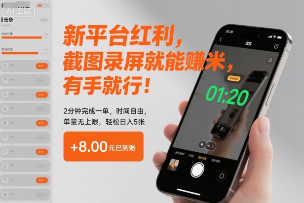 新平台红利，截图录屏就能賺米，有手就行！2分钟完成一单，时间自由，单量无上限，轻松日入5张【揭秘】-旺仔资源库