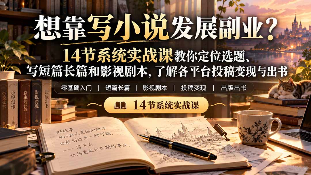 【无水印】想靠写小说发展副业?14节系统实战课教你定位选题、写短篇长篇和影视剧本,了解各平台投稿变现与出书-旺仔资源库
