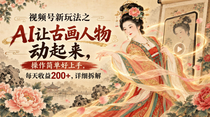 视频号新玩法之AI让古画人物动起来,操作简单好上手,每天收益200+,详细拆解-旺仔资源库