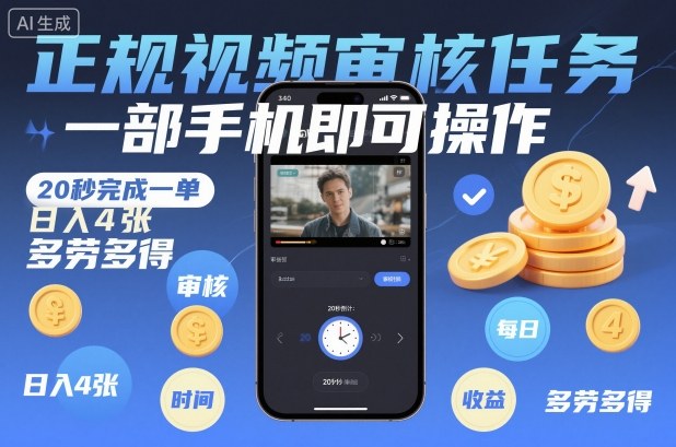 正规视频审核任务，一部手机即可操作，20秒完成一单，日入4张，多劳多得【揭秘】-旺仔资源库