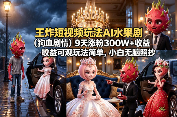 王炸短视频玩法AI水果剧(狗血剧情)9天涨粉300W+收益可观玩法简单，小白无脑照抄，详细拆解玩法-旺仔资源库