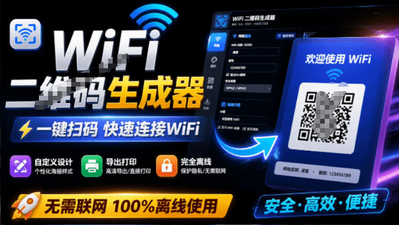 完全离线使用!WiFi二维码生成器,一键扫码快速连接WiFi,支持自定义风格导出WiFi二维码生成器-旺仔资源库
