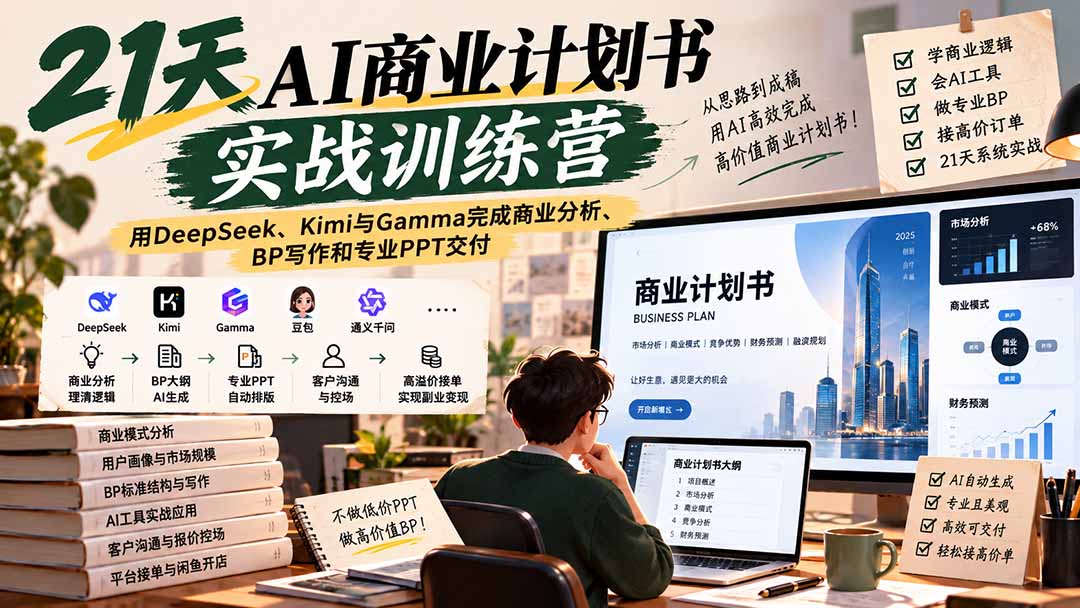 【无水印】21天AI商业计划书实战训练营：用DeepSeek、Kimi与Gamma完成商业分析、BP写作和专业PPT交付-旺仔资源库