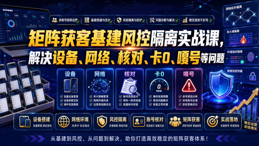 矩阵获客基建风控隔离实战课,解决设备、网络、核对、卡0、嘎号等问题-旺仔资源库