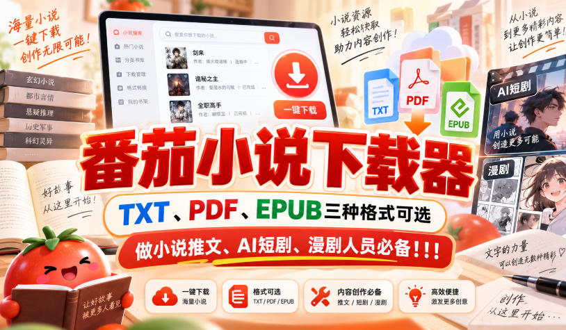 番茄小说下载器，TXT、PDF、EPUB三种格式可选，做小说推文、AI短剧、漫剧人员必备！！！-旺仔资源库