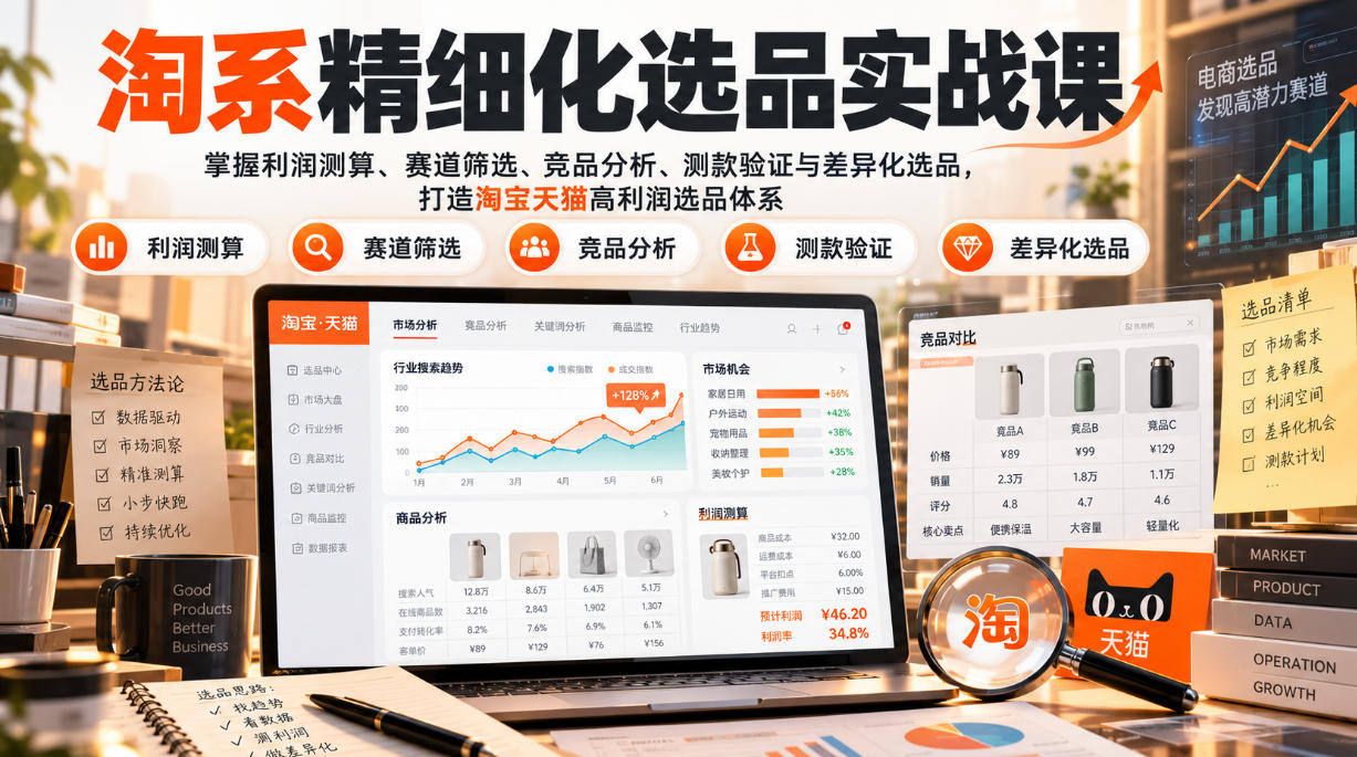 货架电商精细化选品实战课：掌握利润测算、赛道筛选、竞品分析、测款验证与差异化选品，打造淘宝天猫高利润选品体系-旺仔资源库