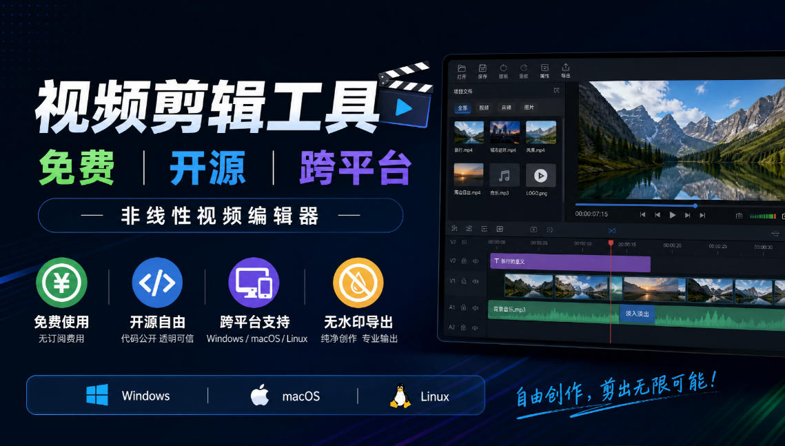 视频剪辑工具,免费、开源、跨平台,非线性视频编辑器,支持Windows、macOS、Linux,无水印、无订阅费用-旺仔资源库