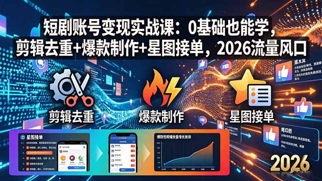 短剧账号变现实战课：0基础也能学，剪辑去重+爆款制作+星图接单，2026流量风口-旺仔资源库