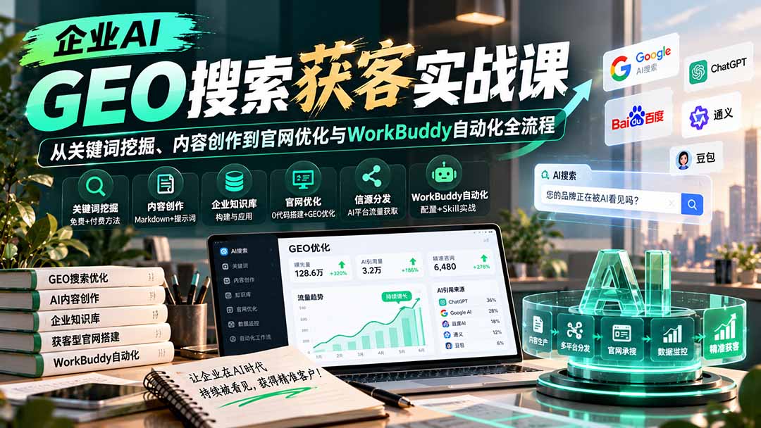 企业AI GEO搜索获客实战课：从关键词挖掘、内容创作到官网优化与WorkBuddy自动化全流程-旺仔资源库