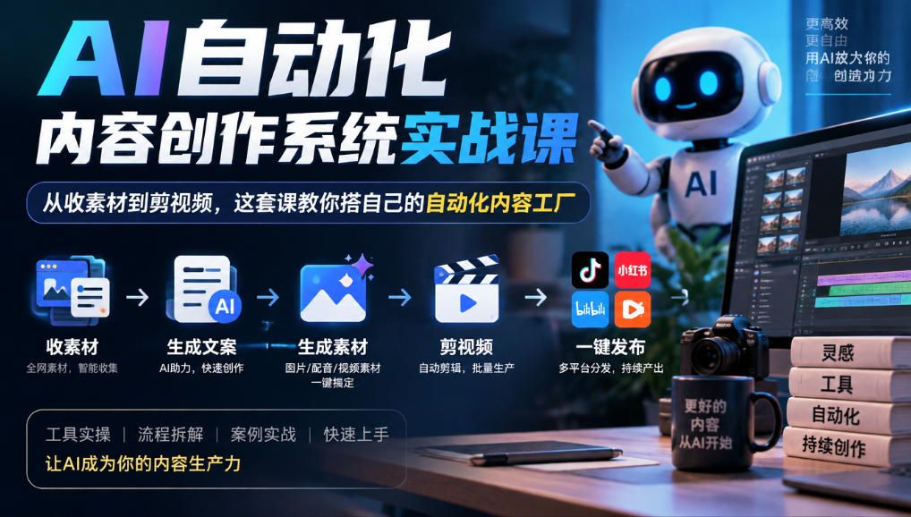 AI自动化内容创作系统实战课，从收素材到剪视频，这套课教你搭自己的自动化内容工厂-旺仔资源库