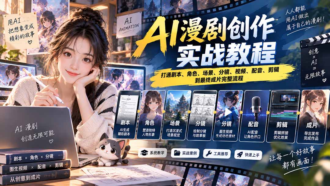 2026 AI漫剧创作实战教程：打通剧本、角色、场景、分镜、视频、配音、剪辑到最终成片完整流程-旺仔资源库