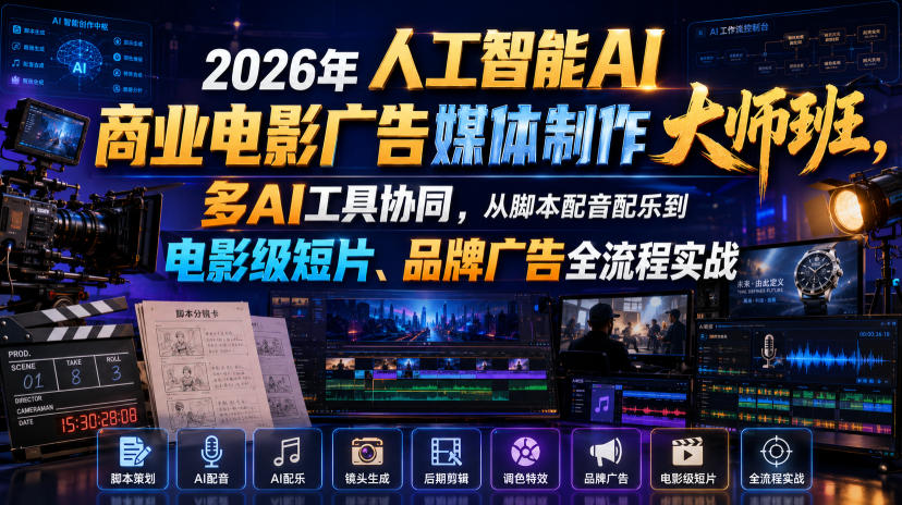 2026年人工智能AI商业电影广告媒体制作大师班,多AI工具协同,从脚本配音配乐到电影级短片、品牌广告全流程实战(中英字幕)-旺仔资源库