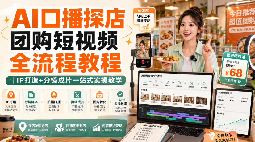 AI口播探店团购短视频全流程教程|IP打造+分镜成片一站式实操教学-旺仔资源库