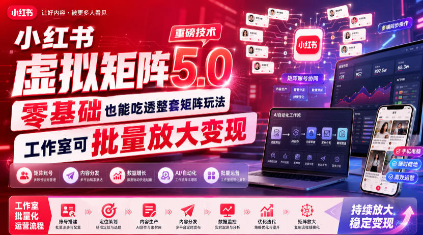 小红书虚拟矩阵5.0重磅技术,零基础也能吃透整套矩阵玩法,工作室可批量放大变现-旺仔资源库