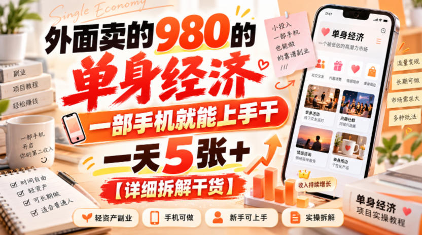 外面卖的980的单身经济，一部手机就能上手干，一天5张+【详细拆解干货】-旺仔资源库
