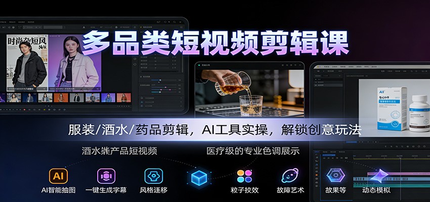 多品类短视频剪辑课：服装/酒水/药品剪辑，AI工具实操，解锁创意玩法-旺仔资源库