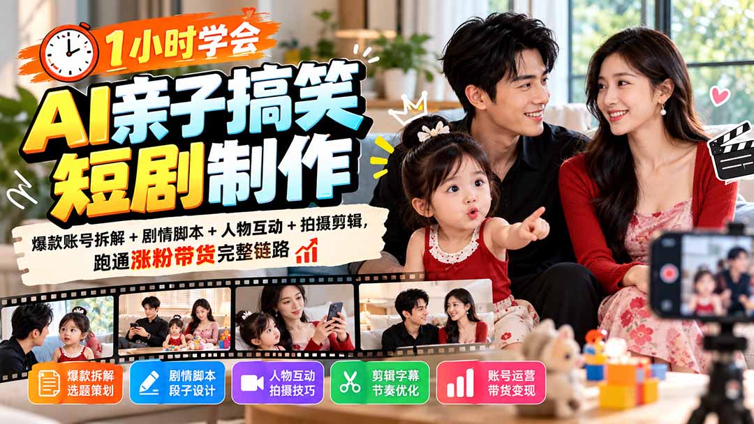 1小时学会AI亲子搞笑短剧制作：爆款账号拆解+剧情脚本+人物互动+拍摄剪辑，跑通涨粉带货完整链路-旺仔资源库