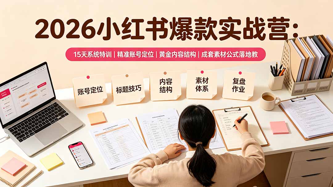 2026小红书爆款实战营：15天系统特训｜精准账号定位｜黄金内容结构｜成套素材公式落地教程-旺仔资源库