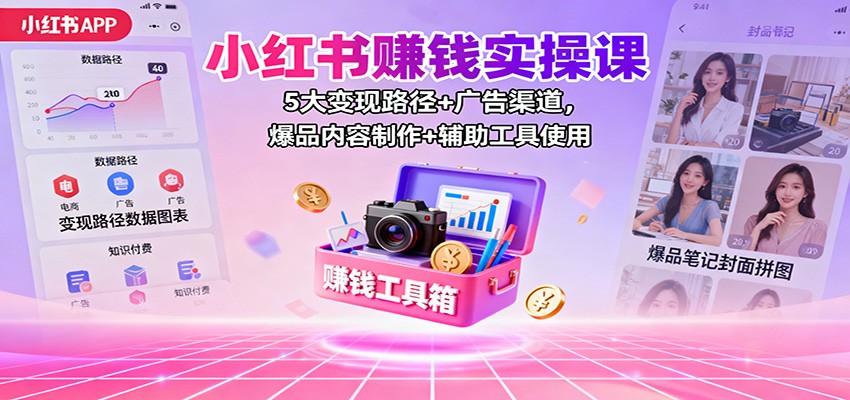 小红书赚钱实操课:5大变现路径+广告渠道,爆品内容制作+辅助工具使用-旺仔资源库