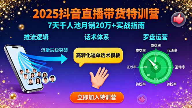 2025抖音直播带货特训：推流逻辑、话术体系、罗盘运营,7天千人池月销20万+-旺仔资源库
