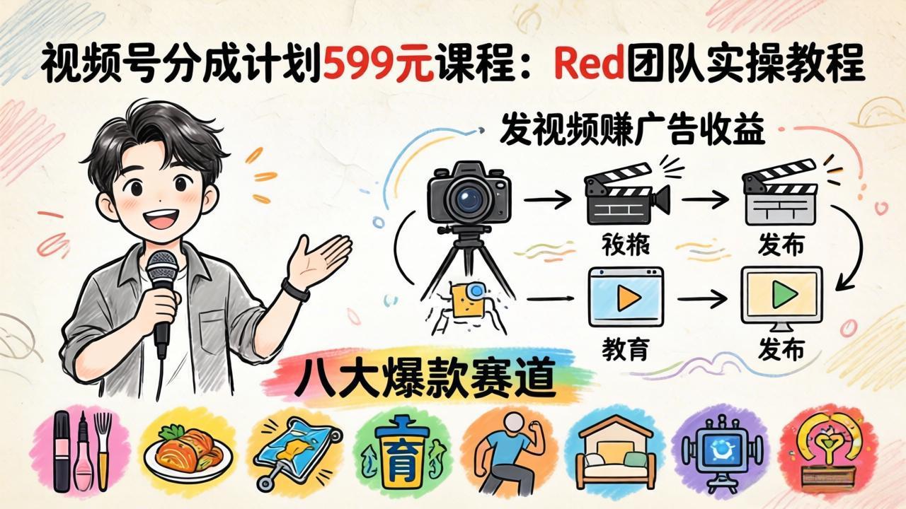 视频号分成计划599元课程：Red团队实操教程，发视频赚广告收益，八大爆款赛道全掌握-旺仔资源库
