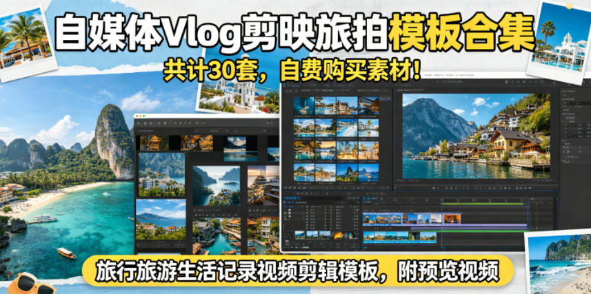 自媒体Vlog剪映旅拍模板合集，共计30套，自费购买素材！旅行旅游生活记录视频剪辑模板，附预览视频-旺仔资源库
