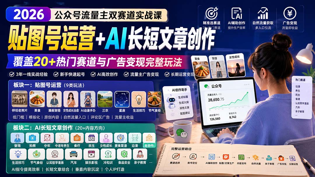 公众号流量主双赛道实战课:贴图号运营+AI长短文章创作,覆盖20+热门赛道与广告变现完整玩法-旺仔资源库