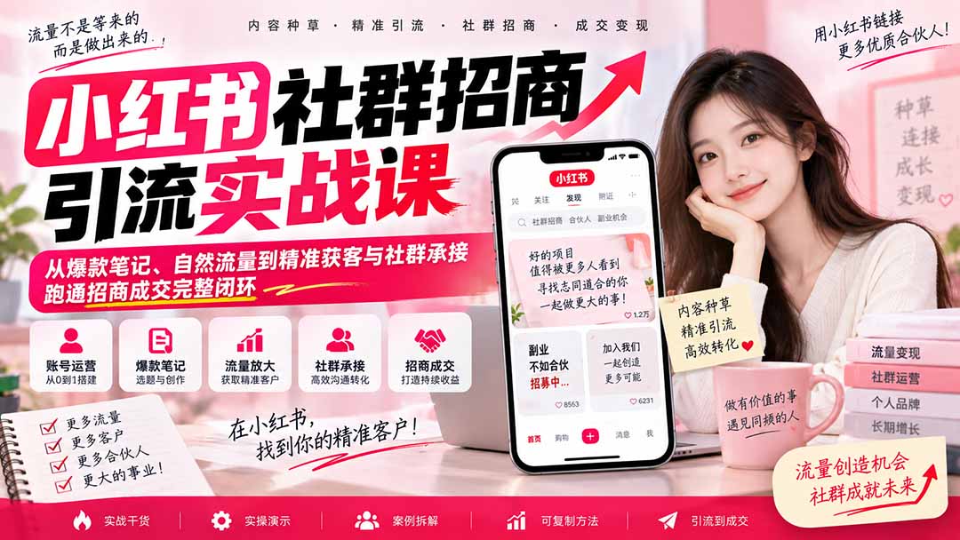 小红书社群招商引流实战课-无水印:从爆款笔记、自然流量到精准获客与社群承接,跑通招商成交完整闭环-旺仔资源库