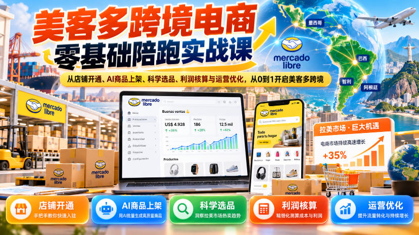 美客多跨境电商零基础陪跑实战课：从店铺开通、AI商品上架、科学选品、利润核算与运营优化，从0到1开启美客多跨境-旺仔资源库